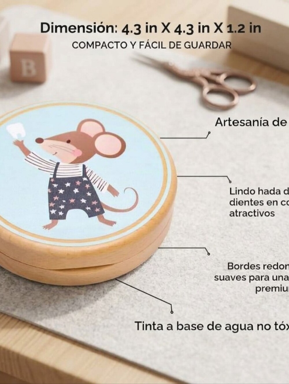 Wooden Tooth Keepsake Box for Kids - Light Blue Mouse Motif - Picture 2 of 3